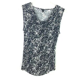 Ann Taylor Womens L Black White Abstract Print Blouse Scoop Neck Cap Sleeve Top
